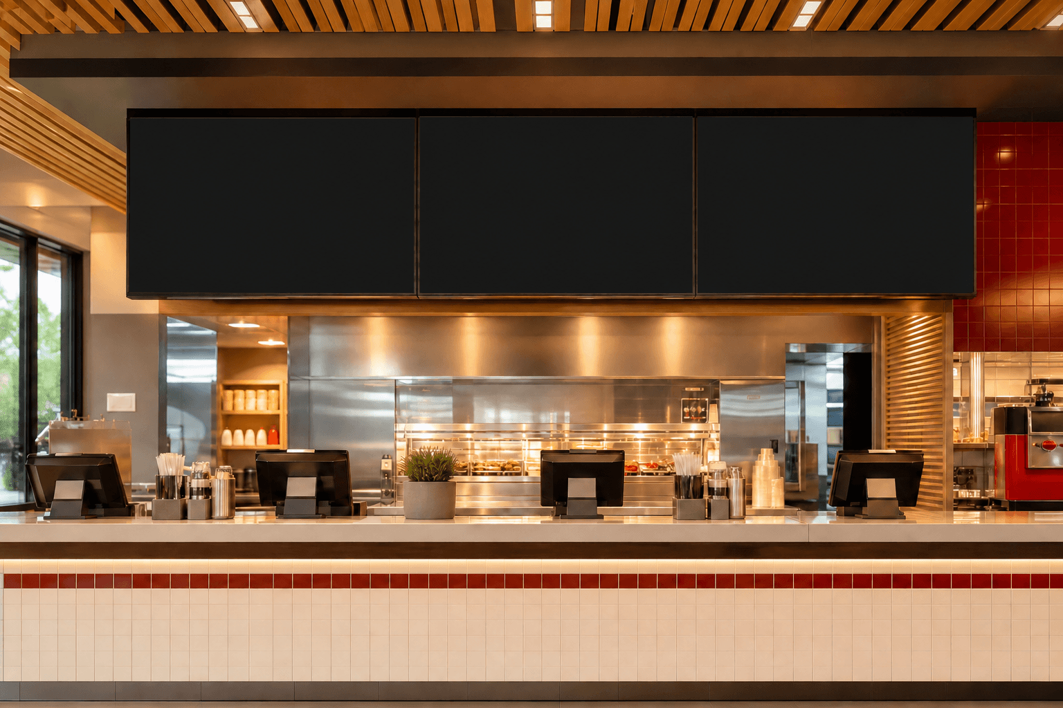 Balcão de restaurante com três telas digitais acima da área de atendimento