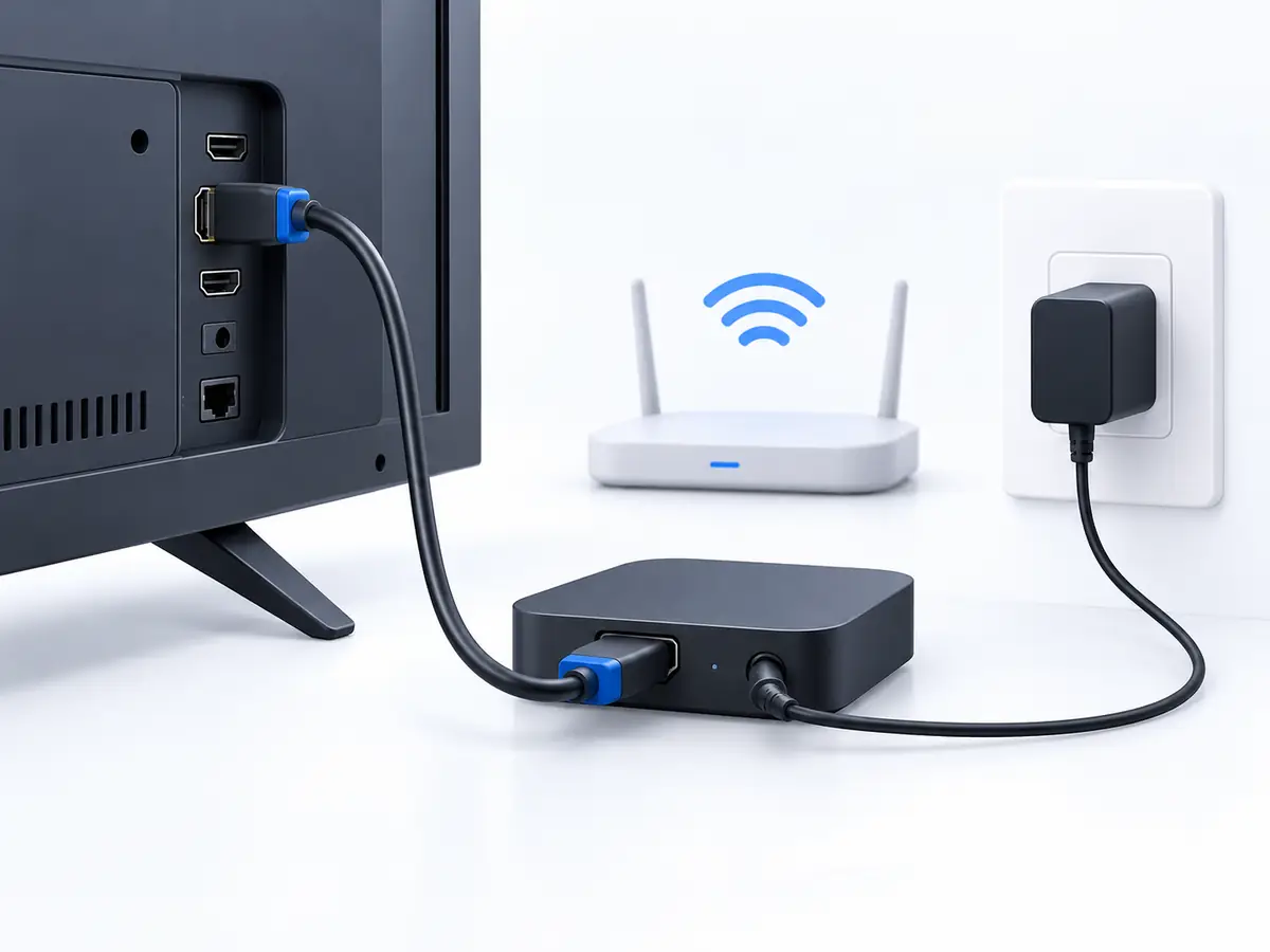 TV Box conectada à TV por HDMI e à tomada com fonte própria